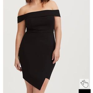 Torrid Black Ponte Off the Shoulder BodyCon Asymmetrical Hem Mini Dress Size 18